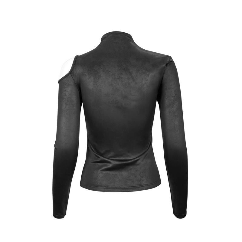 Back view of women's gothic black cutout fitted long sleeve top, showcasing stylish design and flattering fit.