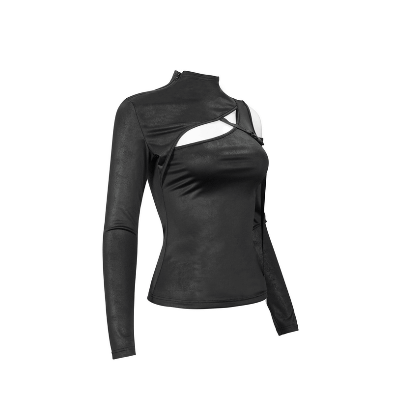 Stylish women's gothic long sleeve black top with cutouts, perfect for alternative fashion lovers.
