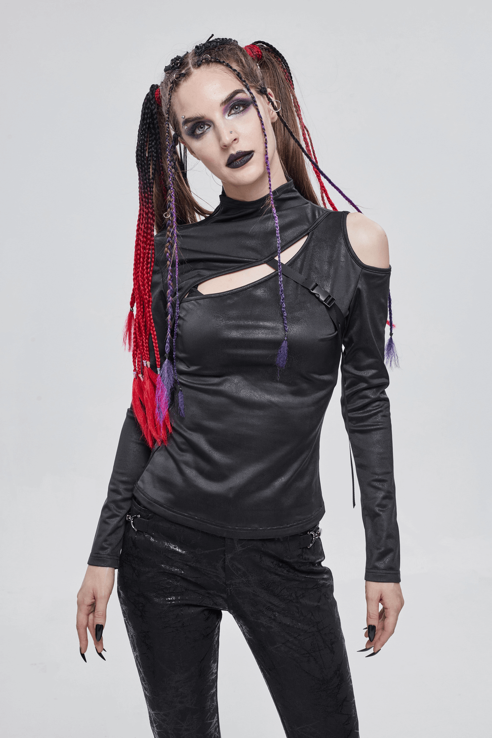 Gothic black long sleeve slim cutout top for women with stylish shoulder cutouts and unique buckle detail.
