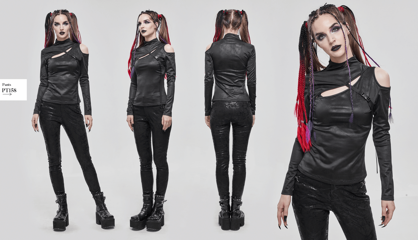 Gothic women's black long sleeve top with cutouts, styled with edgy black pants and platform boots for a bold alternative look.