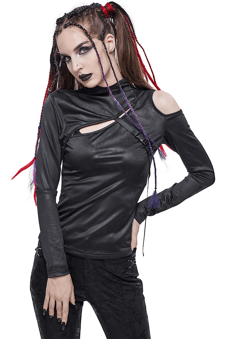 Women’s gothic black cutout top with long sleeves and stylish buckle detail, perfect for alternative fashion lovers.