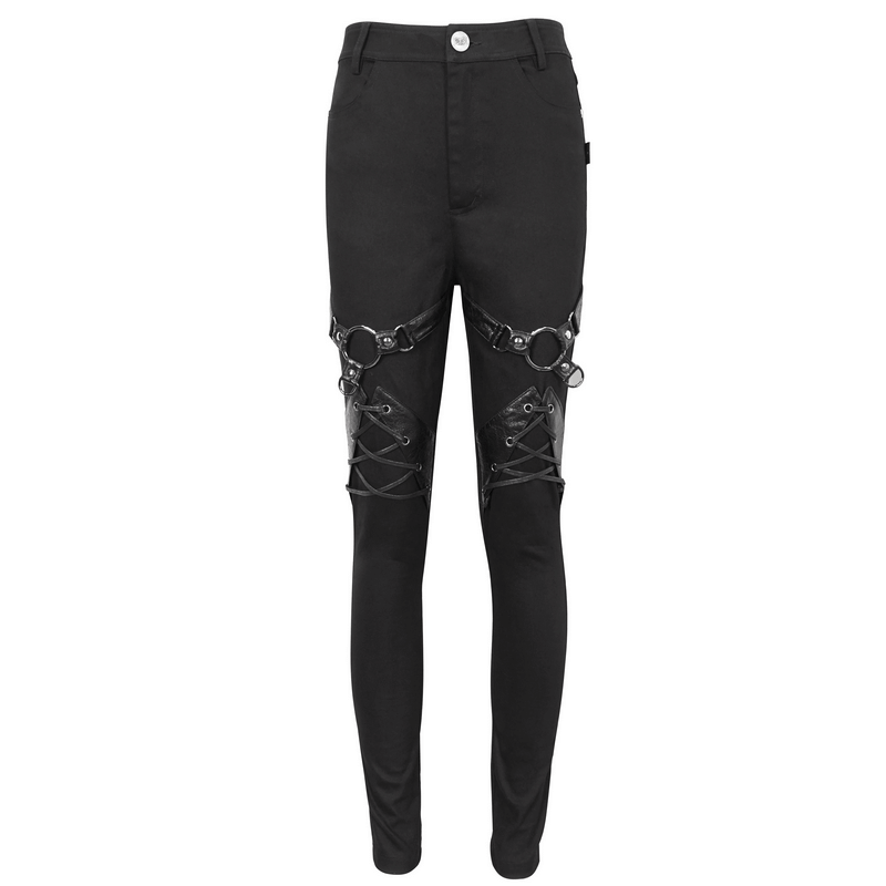 Women's slim-fit punk pants with rings and lace-up decor, featuring stylish zipper pockets.