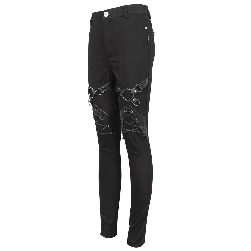Women's punk slim-fit pants with rings and lace-up details, featuring stylish zipper pockets for edgy flair.