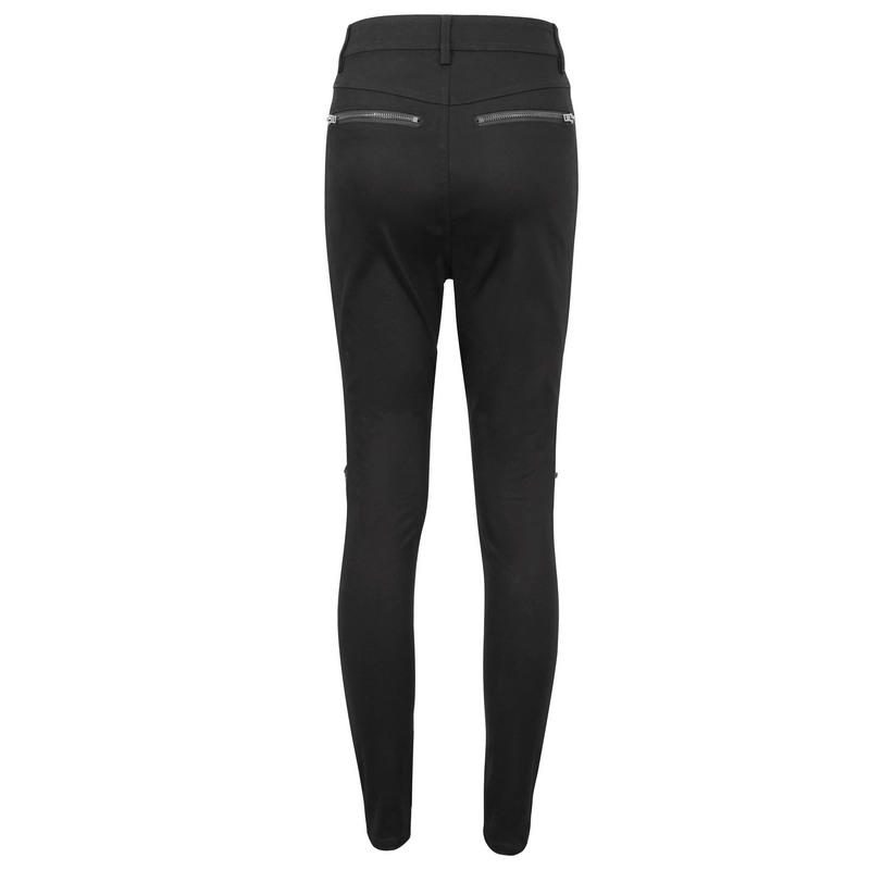 Back view of women's slim fit punk pants with zipper pockets and lace-up details, showcasing edgy style.