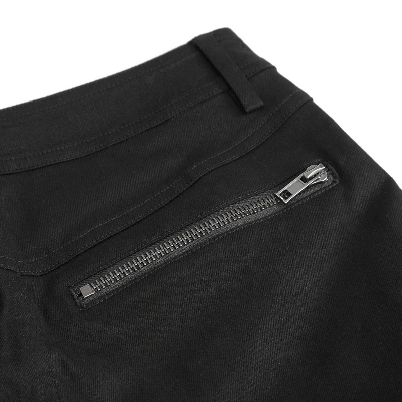 Close-up of black slim fit pants featuring a stylish punk zipper pocket detail.