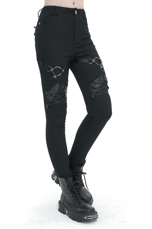 Pantalon Slim Fit Avec Anneaux Et Décoration À Lacets / Pantalon Punk Avec Poches À Fermeture Éclair