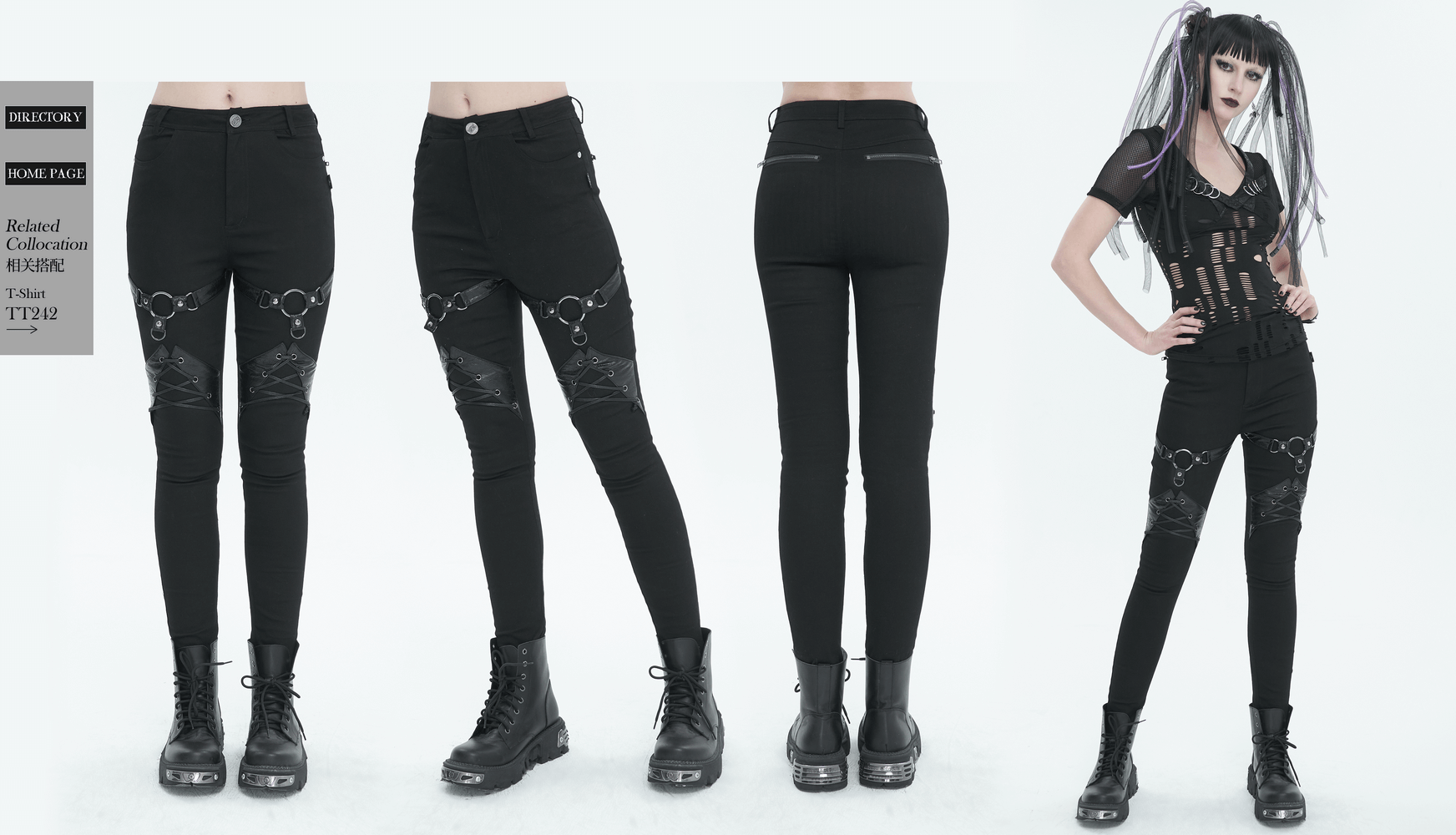 Punk style slim-fit pants with rings, lace-up details, and zipper pockets on model, perfect for edgy outfits.