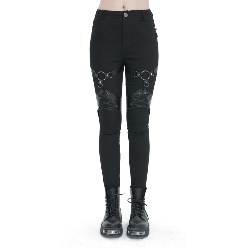 Slim Fit Pants With With Rings And Lace-Up Decoration / Punk Zipper Pockets Trousers - HARD'N'HEAVY