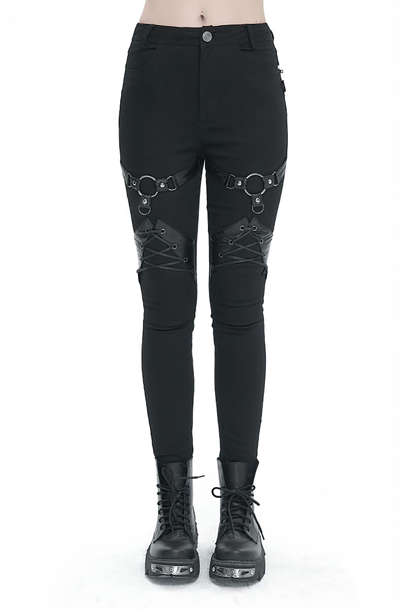 Women's punk style slim-fit pants with rings and lace-up, featuring edgy zipper pockets for a bold look.
