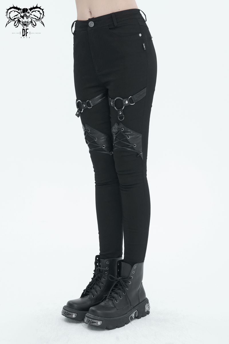 Women's slim-fit punk pants with rings and lace-up decoration, featuring stylish zipper pockets.