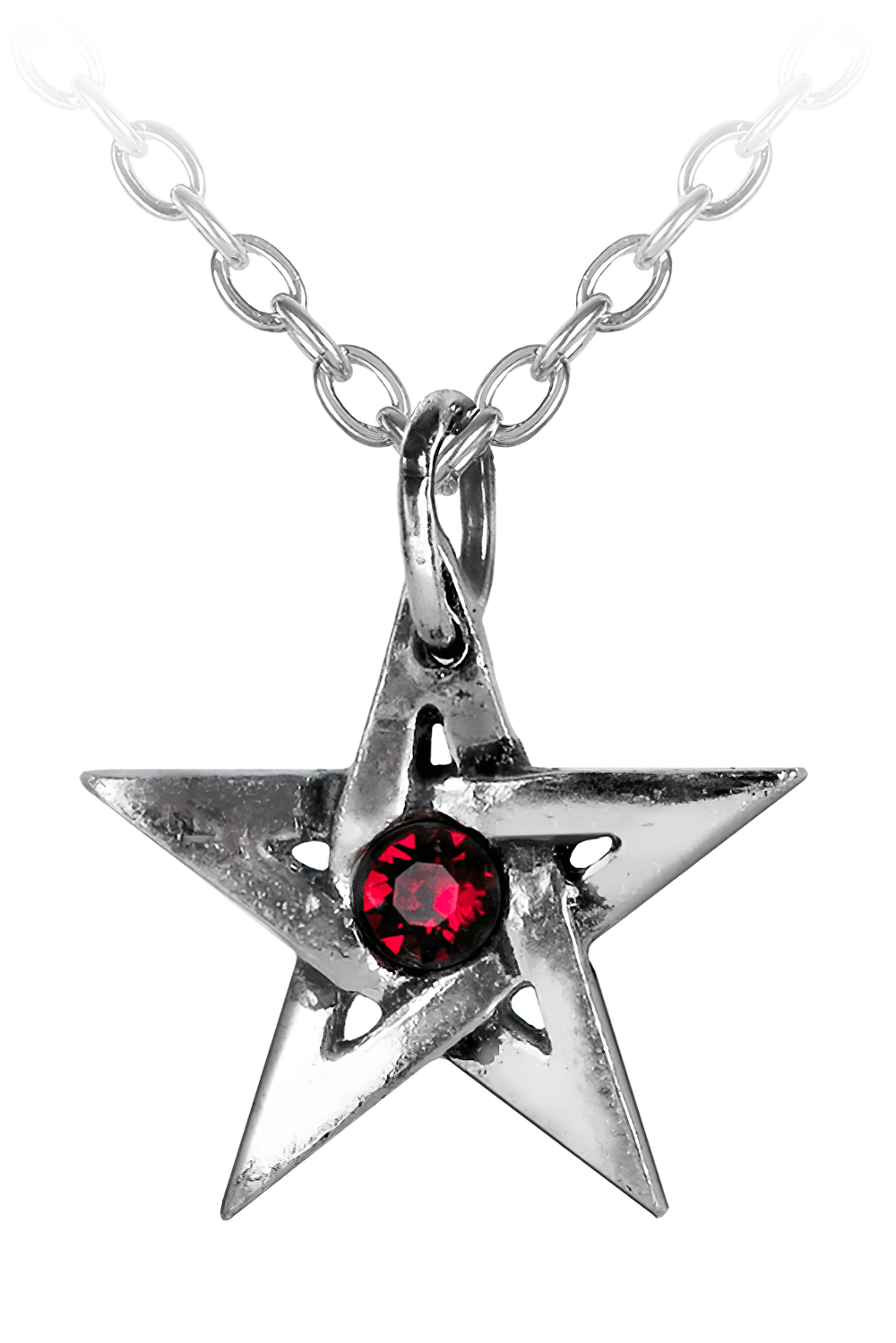 Small pewter pentagram pendant with red Austrian crystal, symbolizing protection and elegance.