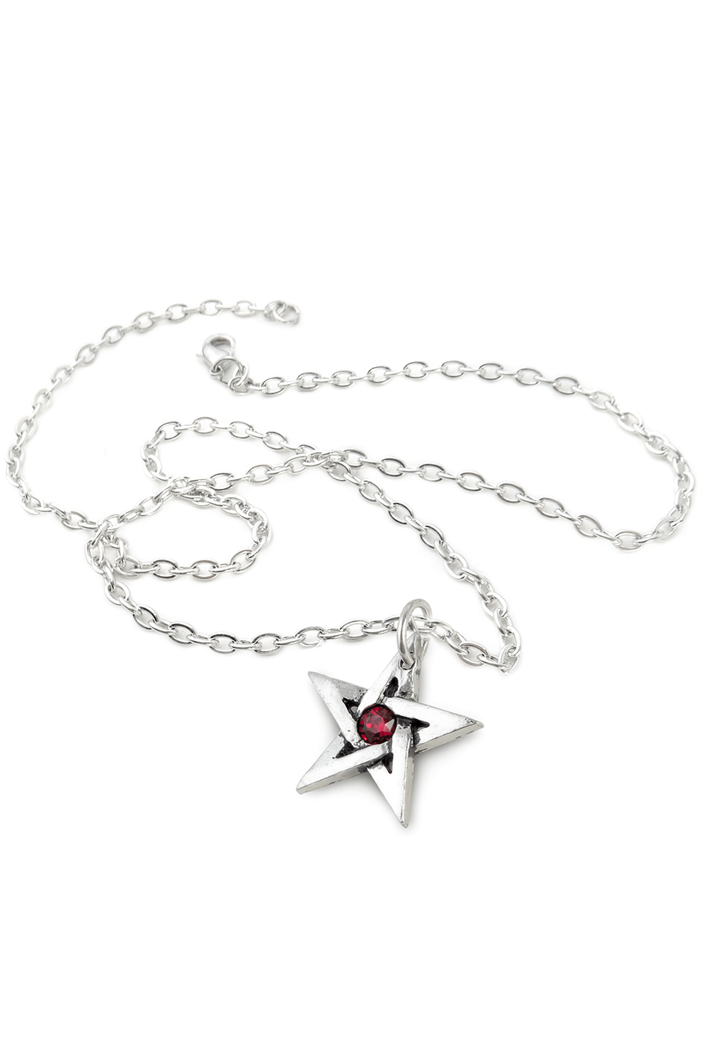 Small pewter pentagram pendant with red Austrian crystal on a silver chain for protection and elegance.