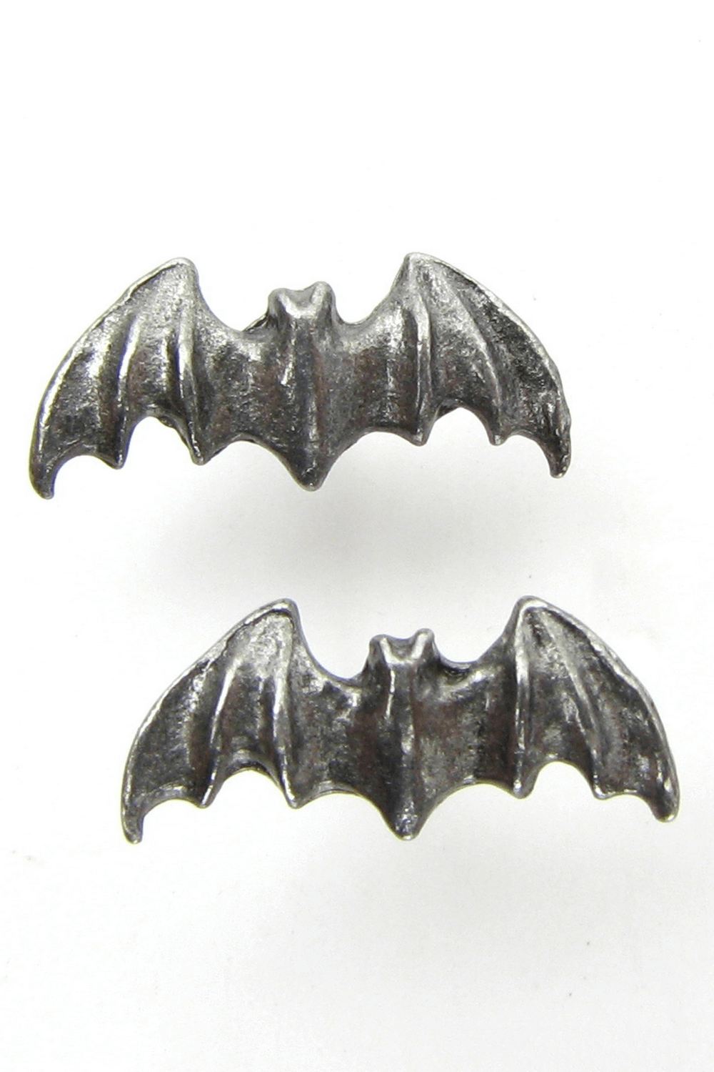 Small gothic bat earrings in antique silver tone for dark aesthetics and vampire-inspired looks.