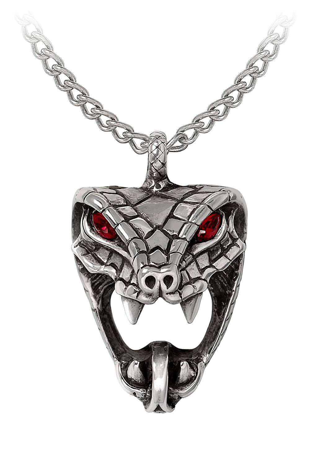 Snake Bite Necklace with Red Crystal Eyes and Chain - Gothic jewelry featuring a serpent pendant with red Siam eyes.