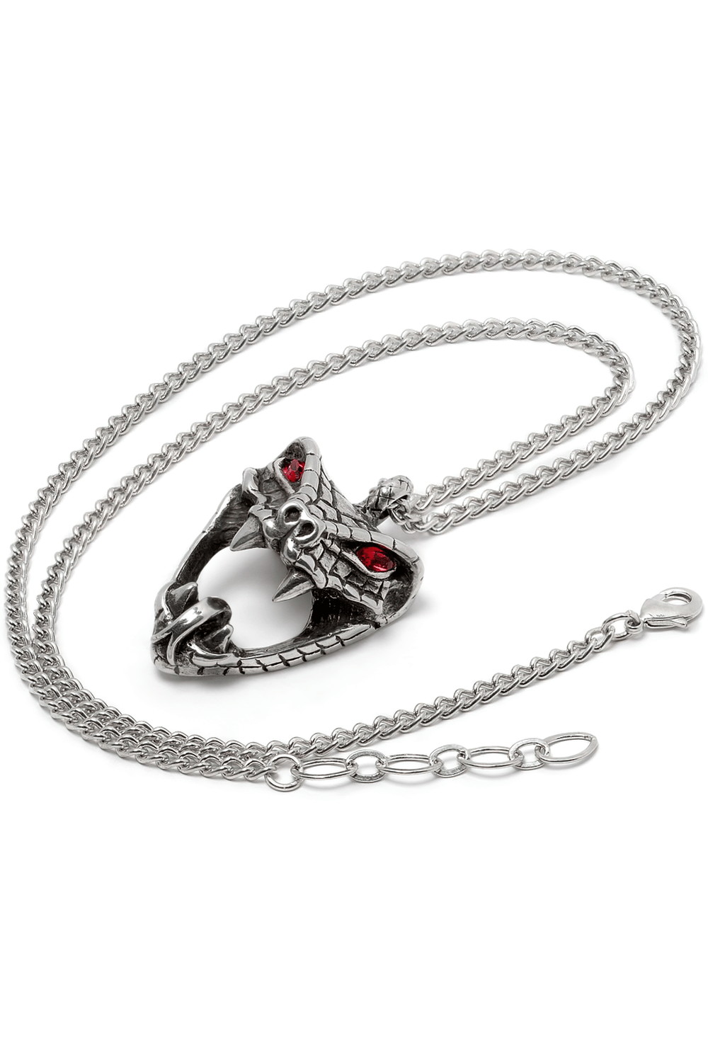 Snake Bite Necklace with Red Crystal Eyes and Chain featuring a serpent head pendant and silver chain.
