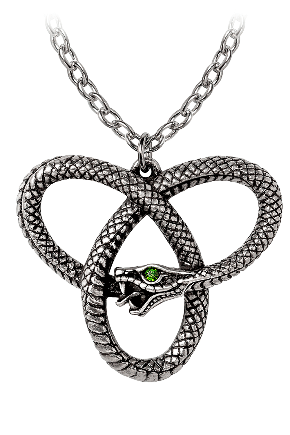Snake Ouroboros Triquetra Pendant with green gemstone eye, symbolizing eternity and feminine strength.