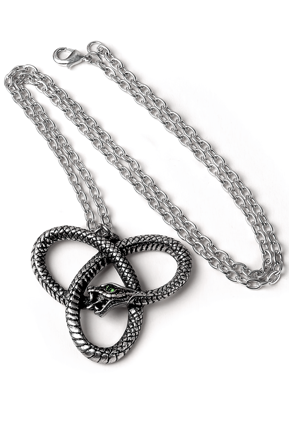Ouroboros triquetra pendant with green gem eye, showcasing Celtic design and feminine strength.
