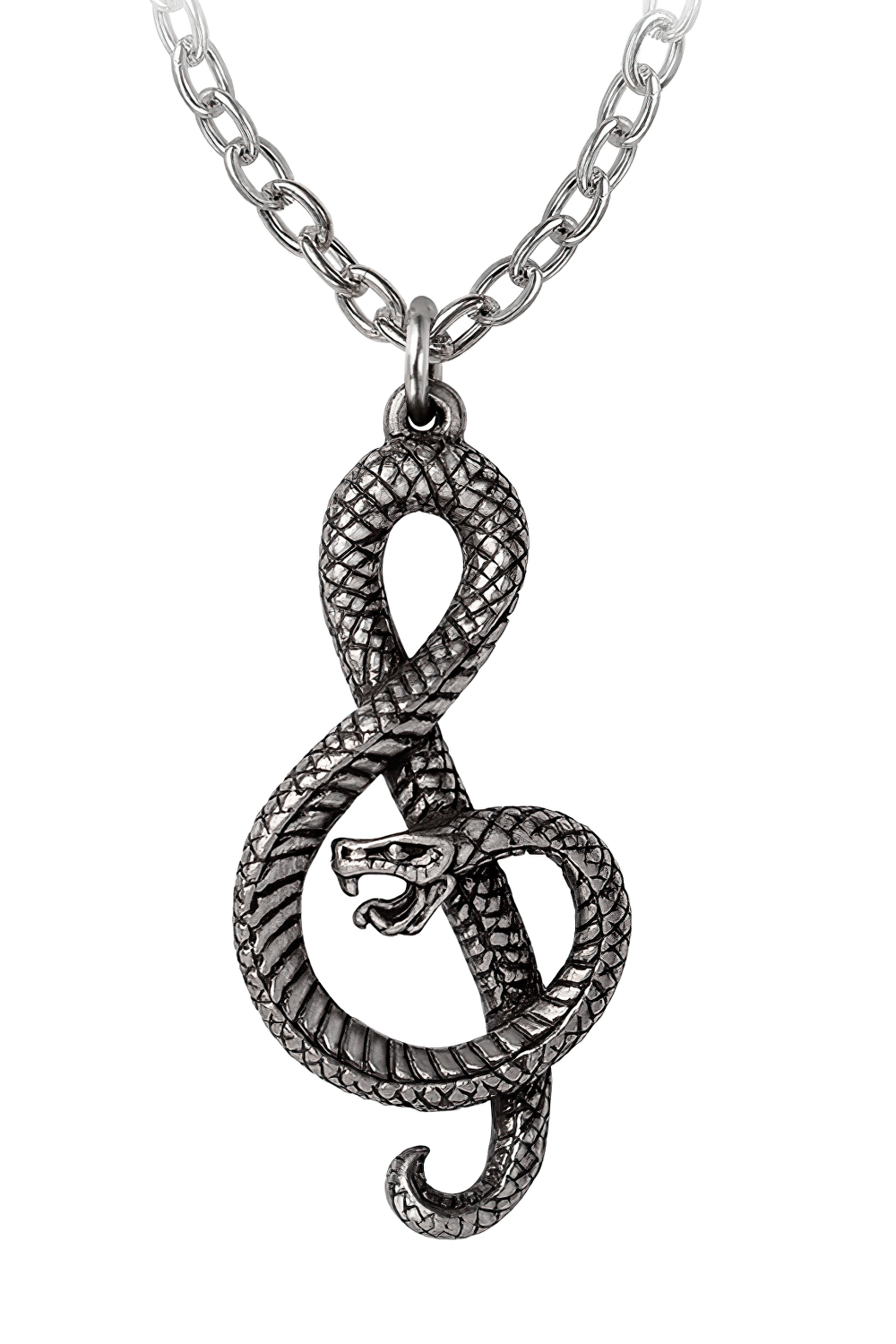 Snake wrapped treble clef pendant, a unique accessory for music lovers with edgy style.
