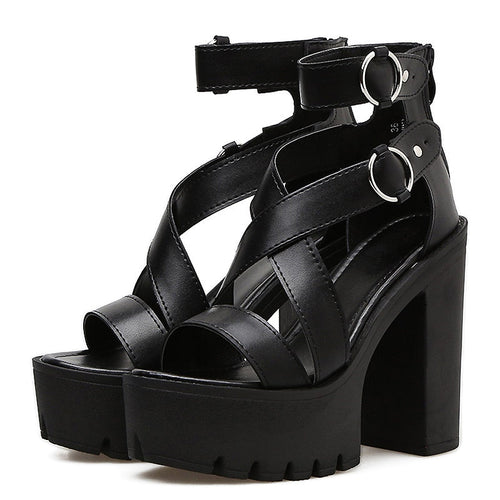 Sandalias de mujer con plataforma sólida/zapatos de gladiador góticos con tacones altos y hebillas