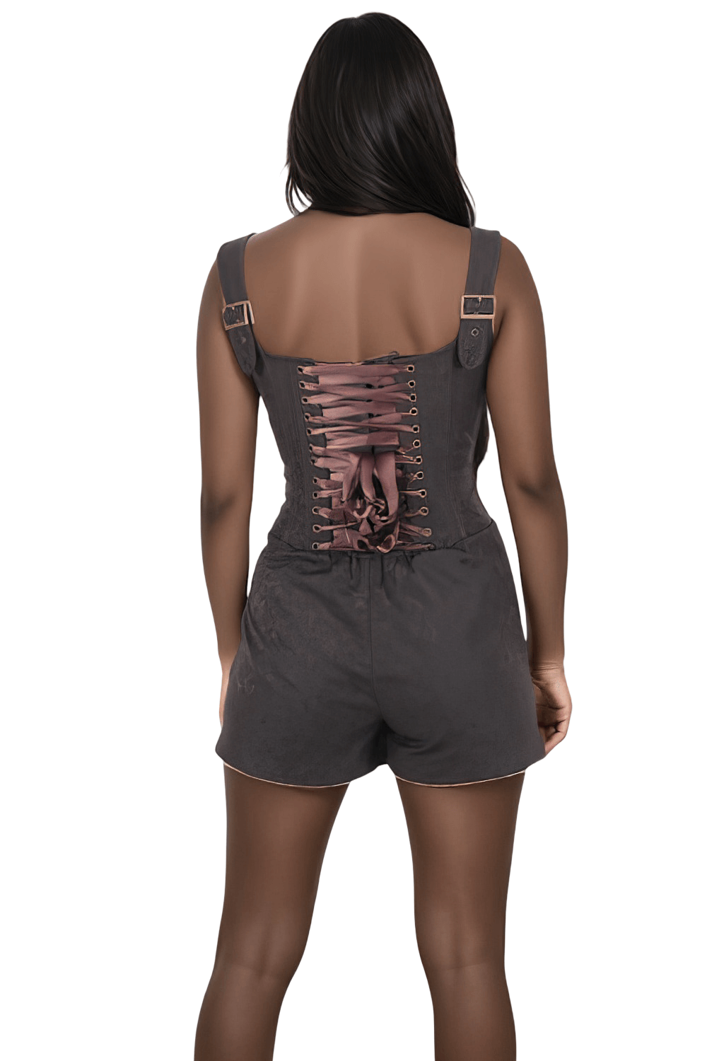 Back view of Sonny Brown Brocade Corset Skort Dress with lacing and wide straps showcasing floral pattern.