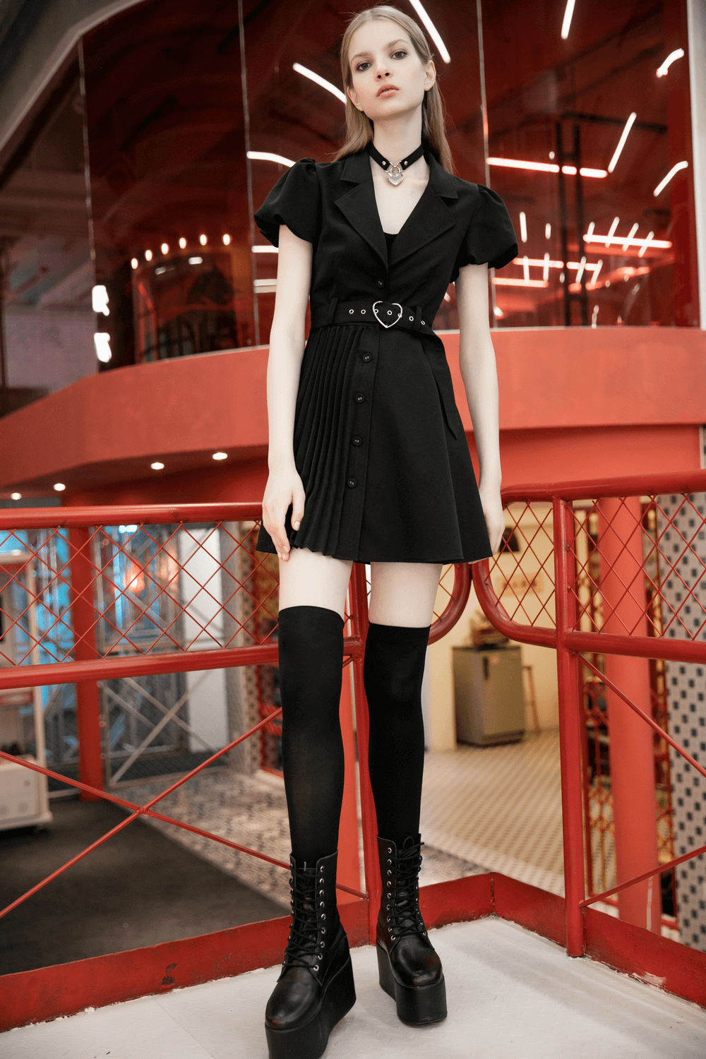 Sophisticated Black Collared Pleated Mini Dress