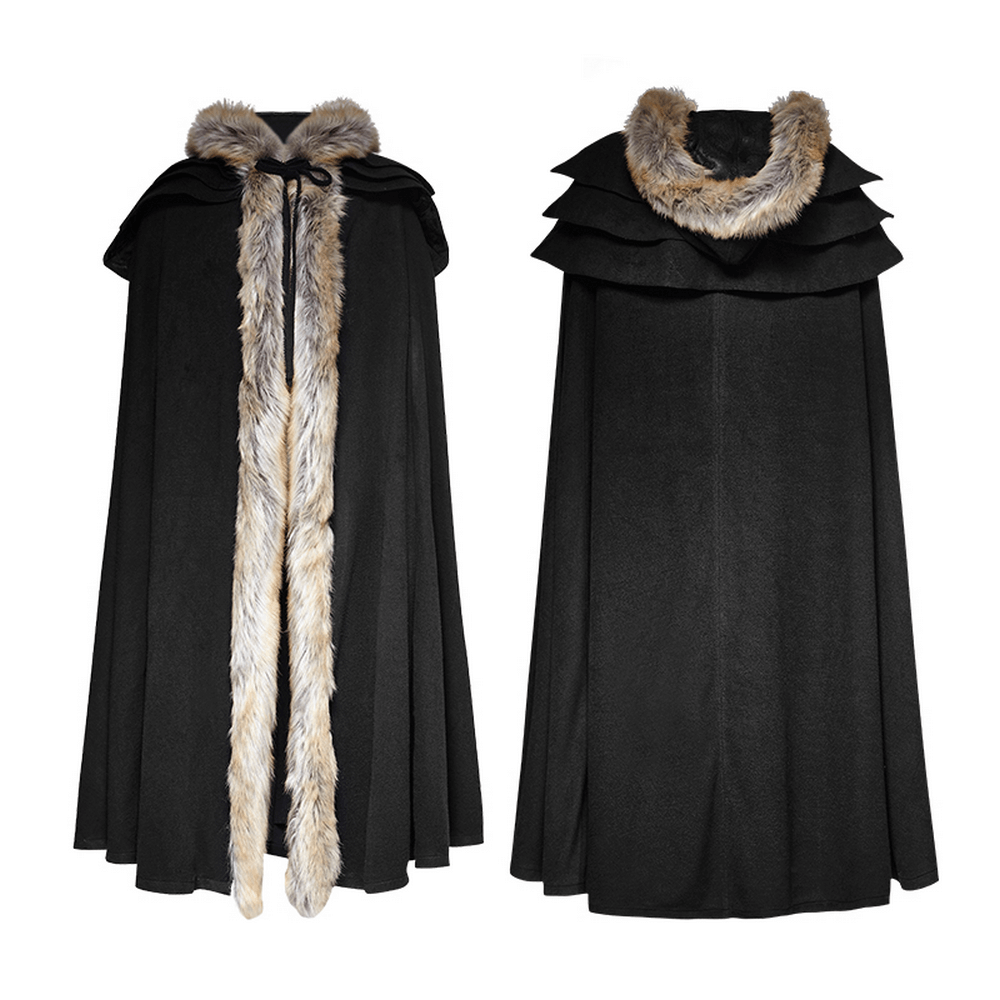Sophisticated black Gothic cloak with faux fur trim and elegant collar, perfect for adding a touch of dramatic flair.