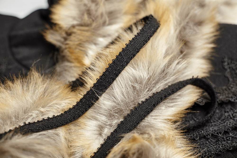 Close-up of black Gothic cloak with luxurious faux fur trim and lace detailing for a dramatic look.