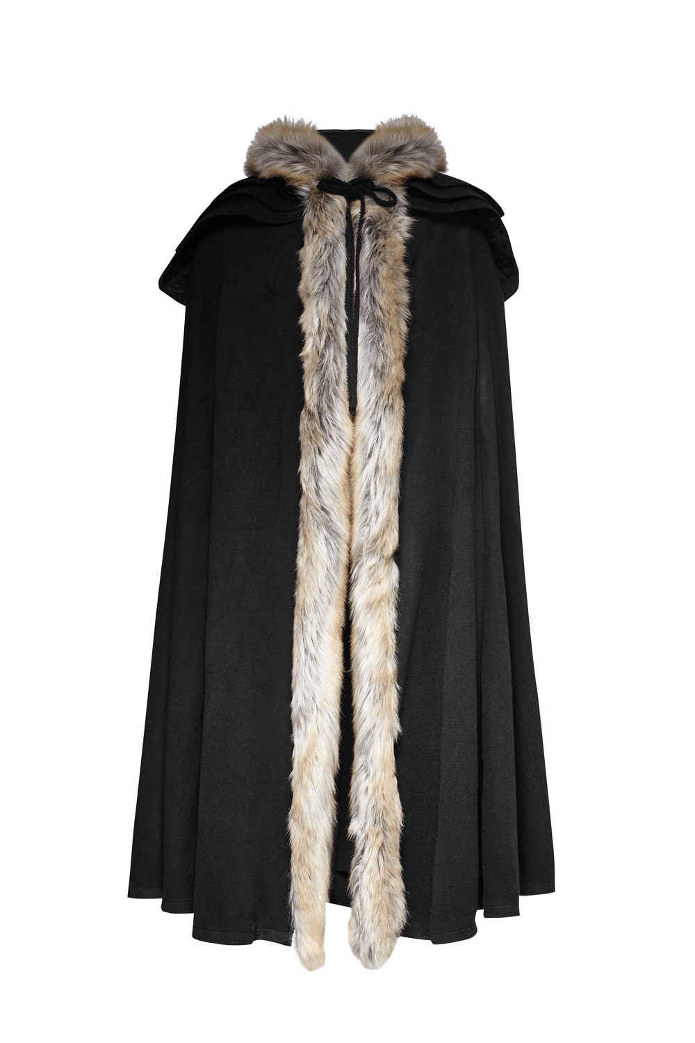 Sophisticated black Gothic cloak with luxurious faux fur trim and an elegant collar.