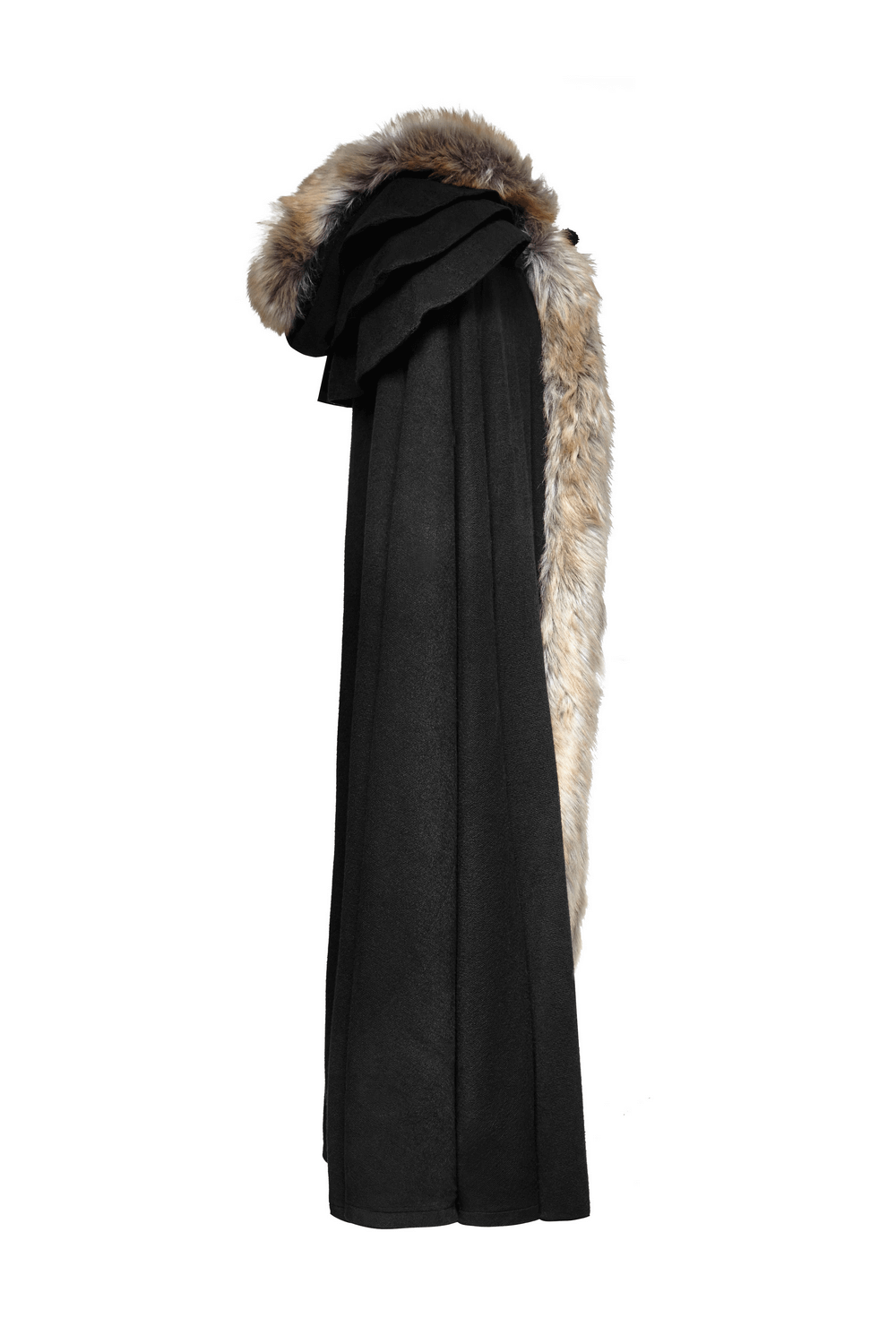 Sophisticated black Gothic cloak with faux fur trim and dramatic collar design, perfect for elegant occasions.