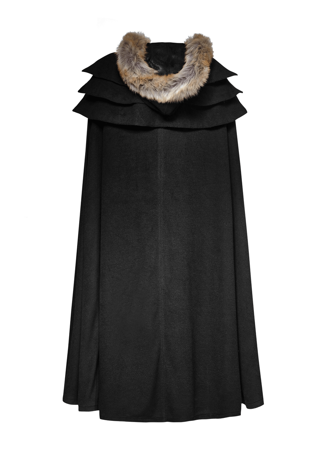 Sophisticated black gothic cloak with faux fur trim and layered wool collar, perfect for dramatic elegance.