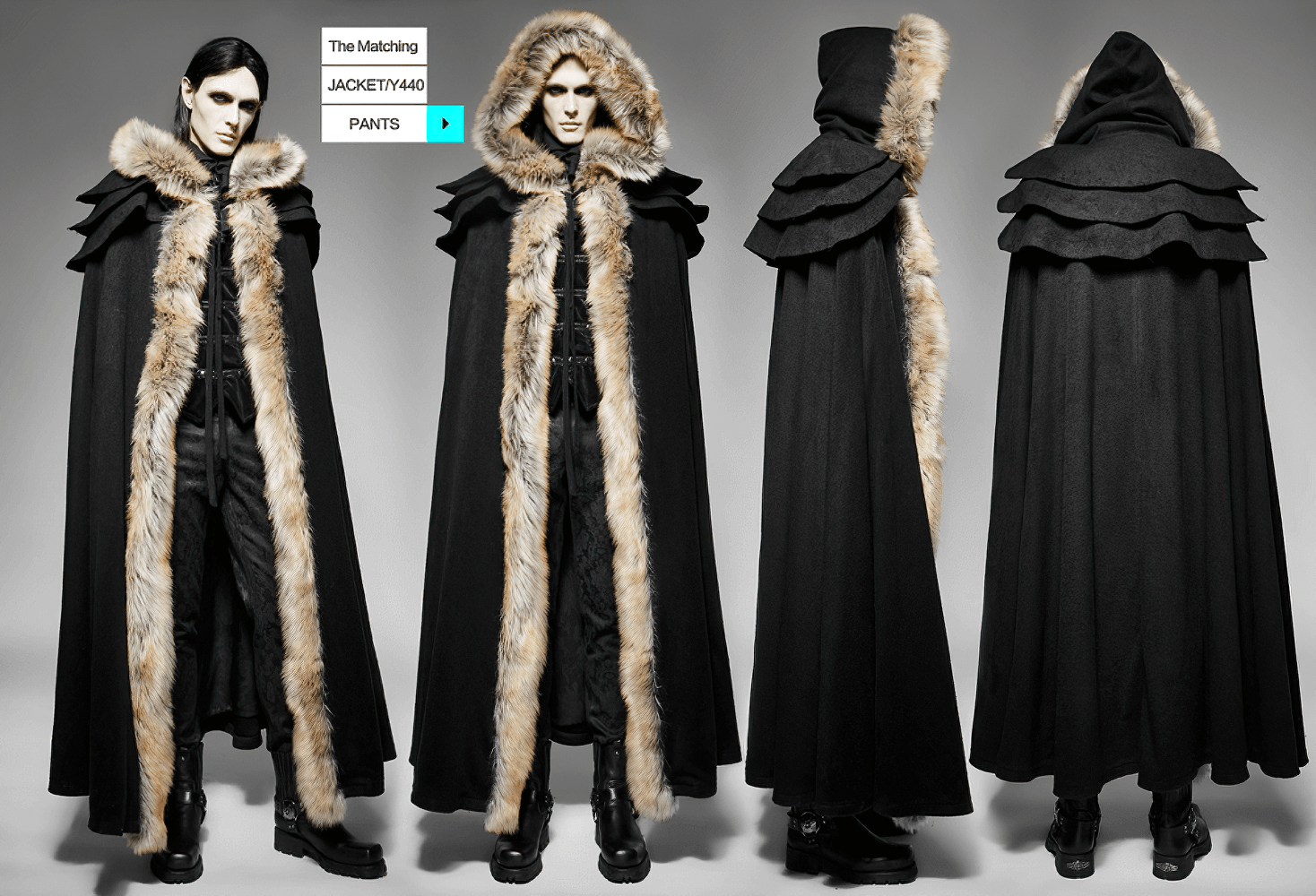 Stylish black gothic cloak with faux fur trim, showcasing an elegant design and architectural shoulder accents.