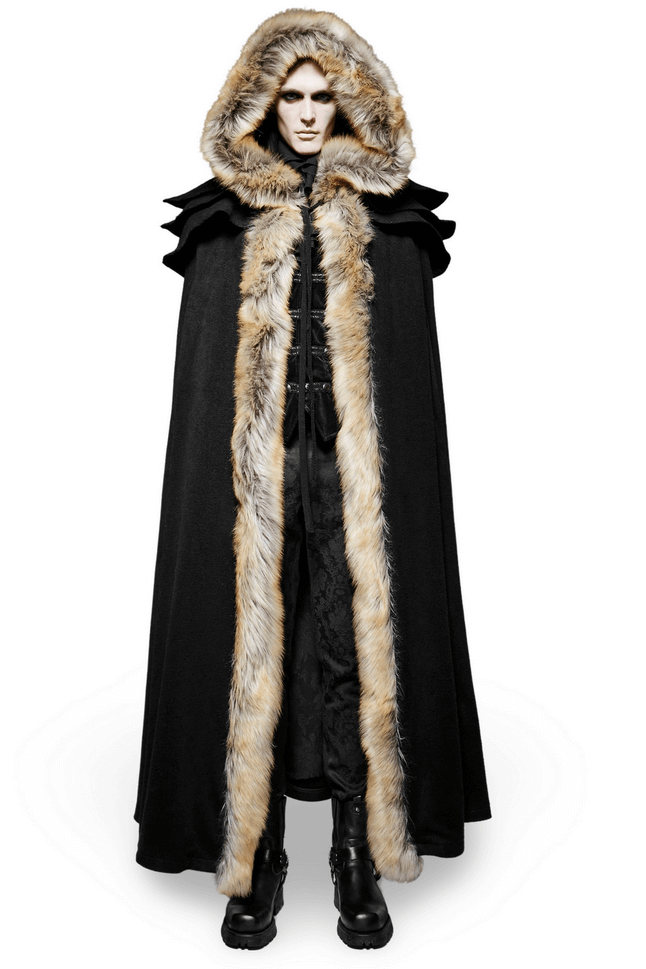 Sophisticated black Gothic cloak with faux fur trim, showcasing elegant design and luxurious style.