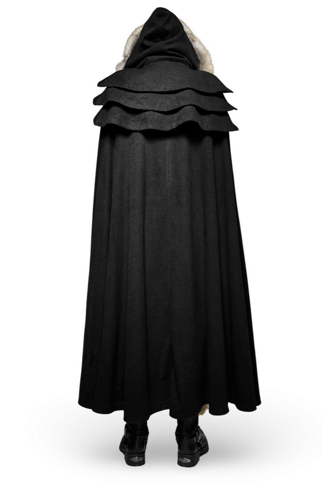Elegant black Gothic cloak with faux fur trim and layered shoulders, perfect for an enigmatic style.