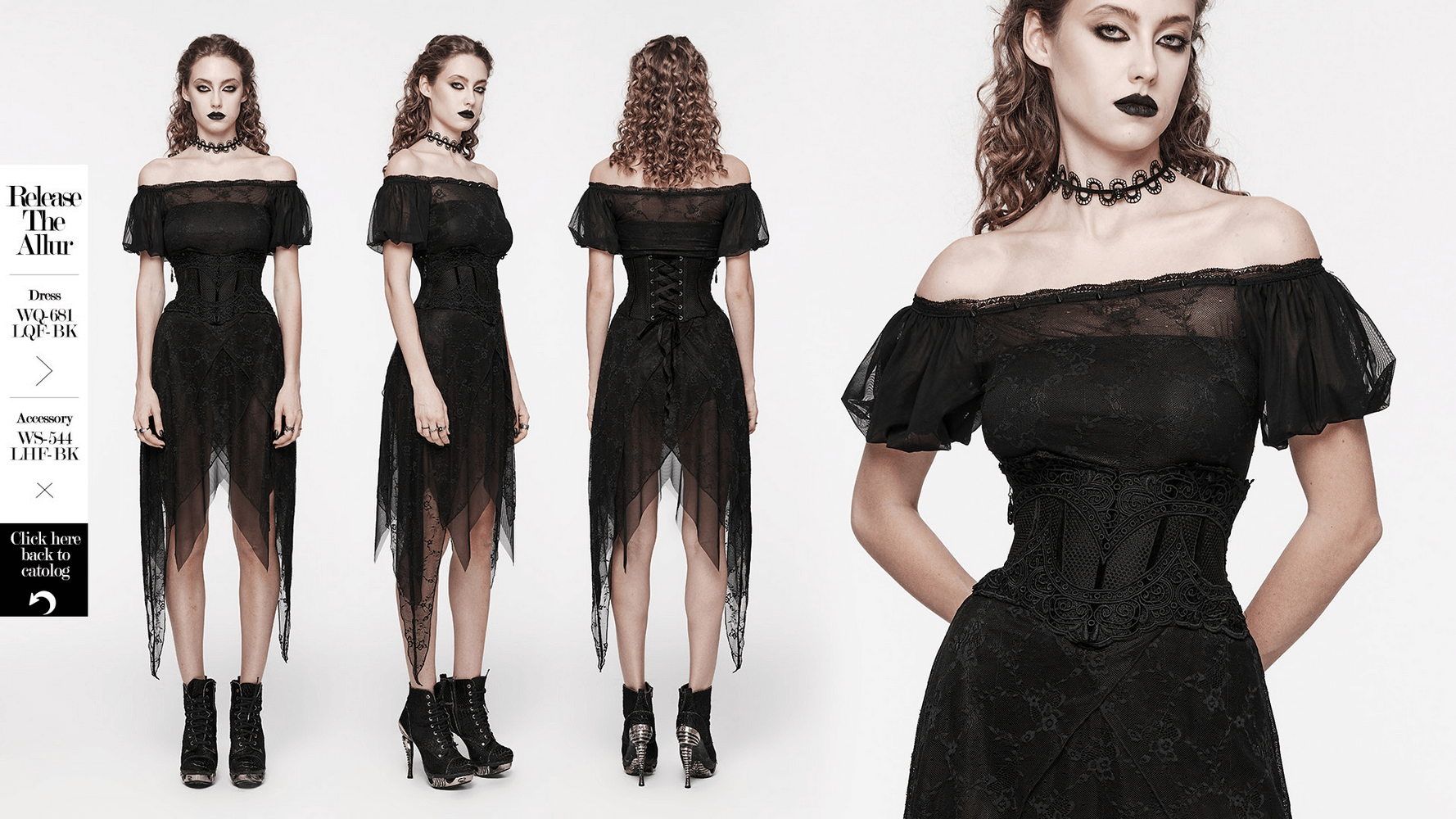 Edgy and elegant black off-shoulder dress with lace detailing and corset belt, perfect for gothic fashion lovers.