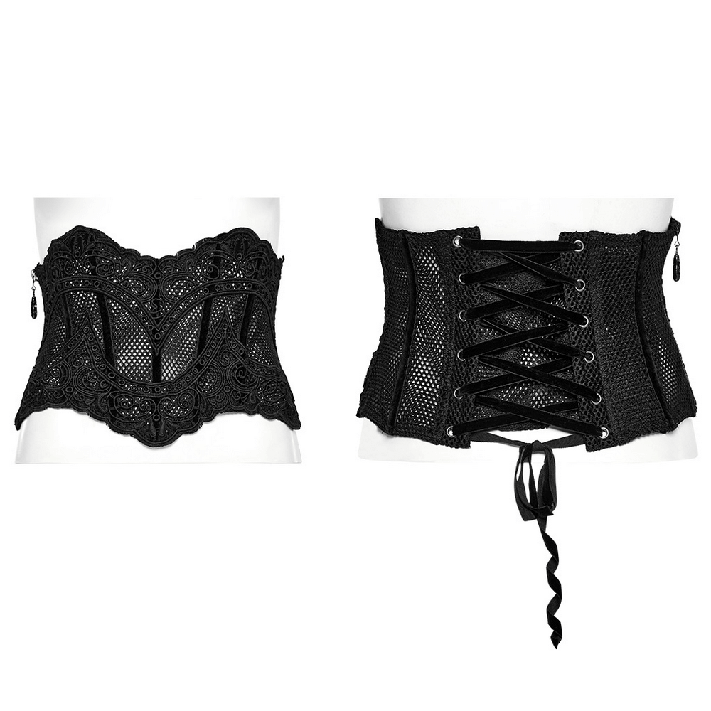 Sophisticated black gothic lace-up mesh corset belt showcasing elegant lace detail and adjustable drawstring design.