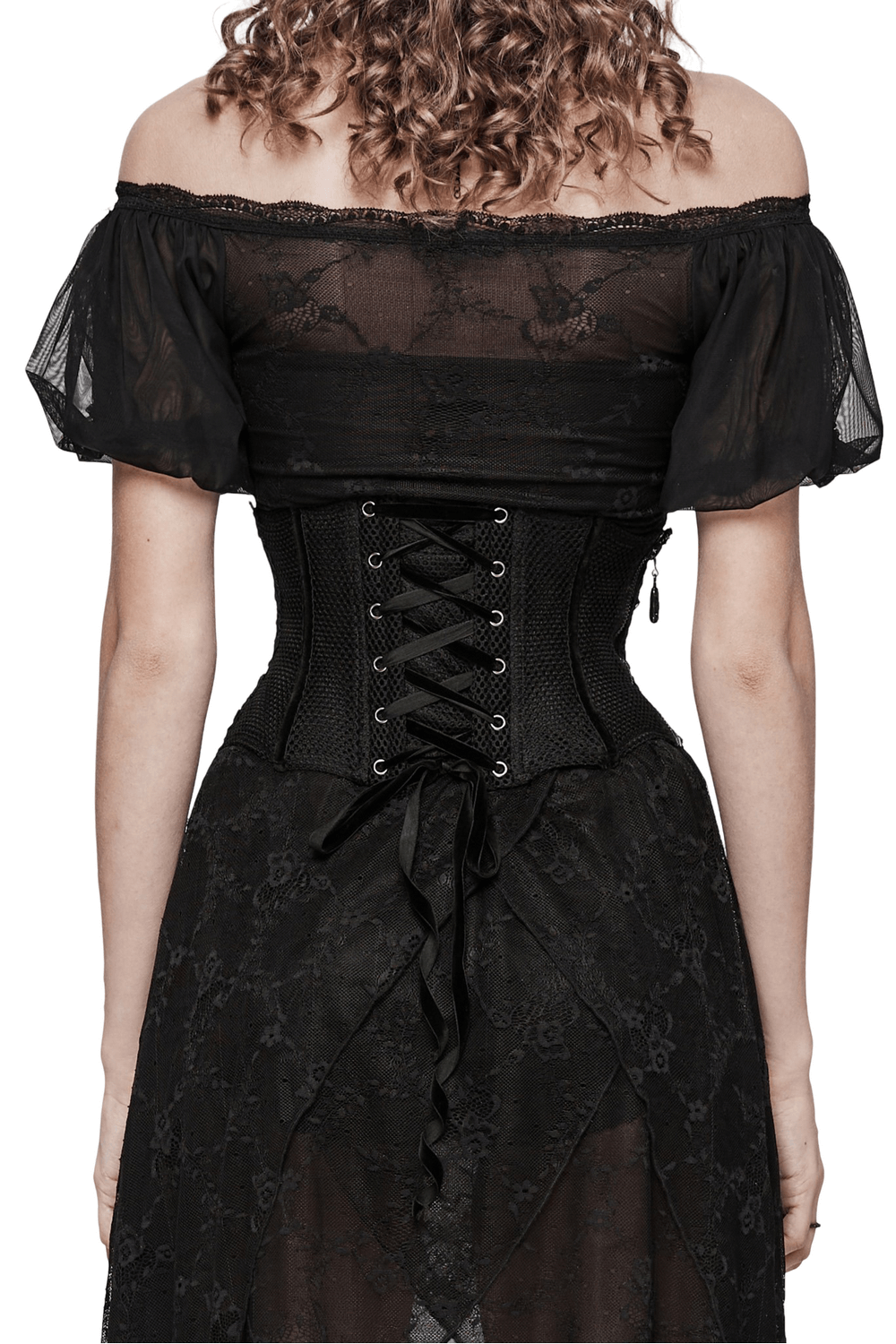 Woman in black mesh lace corset belt, showcasing elegant and edgy design, lace-up back and velvet ribbon details.