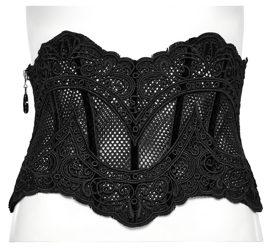 Elegant black gothic lace-up mesh corset belt with detailed embroidery and side zipper for chic waist cinching.