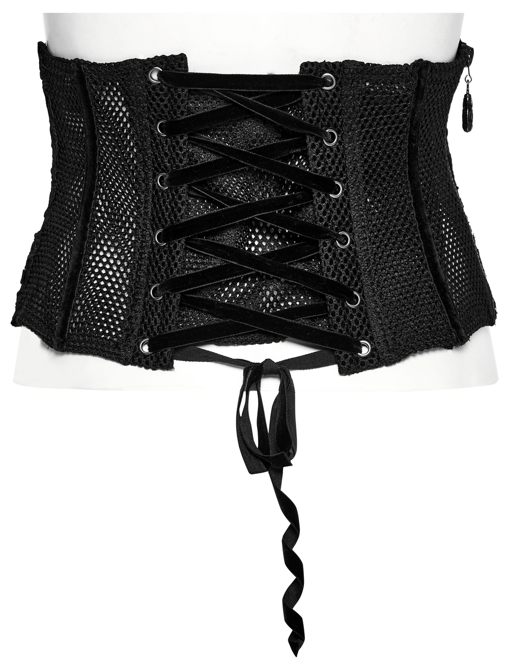 Sophisticated black Gothic lace-up mesh corset belt with velvet ribbon for elegant waist cinching.