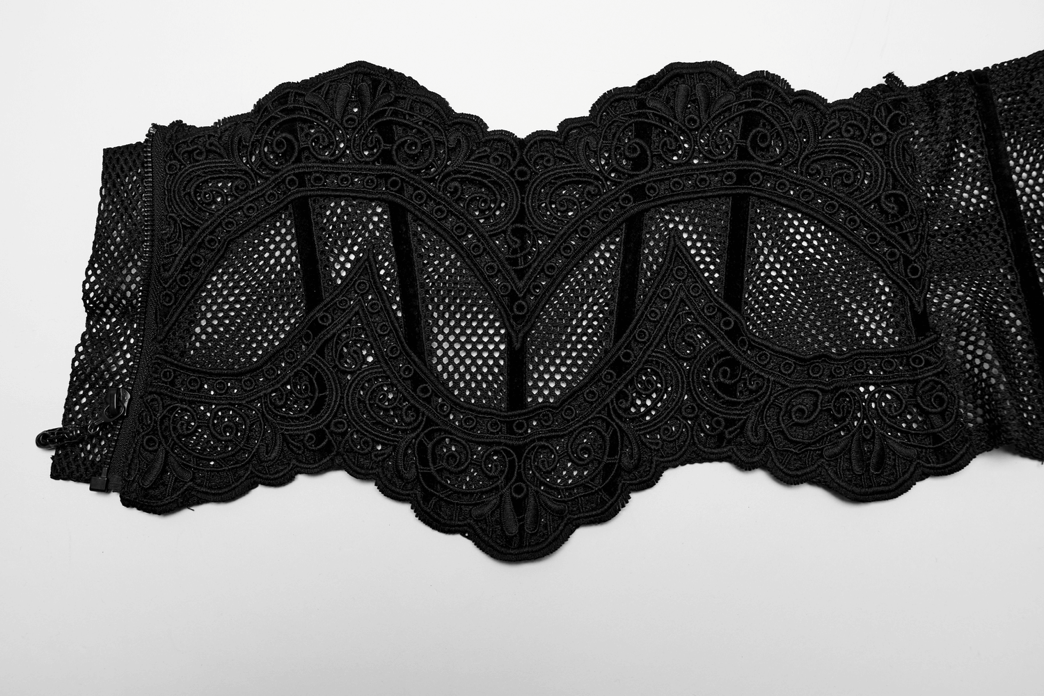 Elegant black gothic lace corset belt with intricate mesh detailing and unique design.