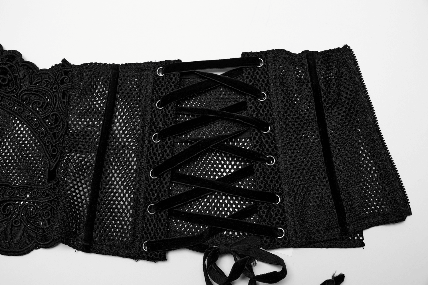 Edgy black gothic lace-up mesh corset belt with velvet ribbon, perfect for a flattering silhouette and stylish outfits.