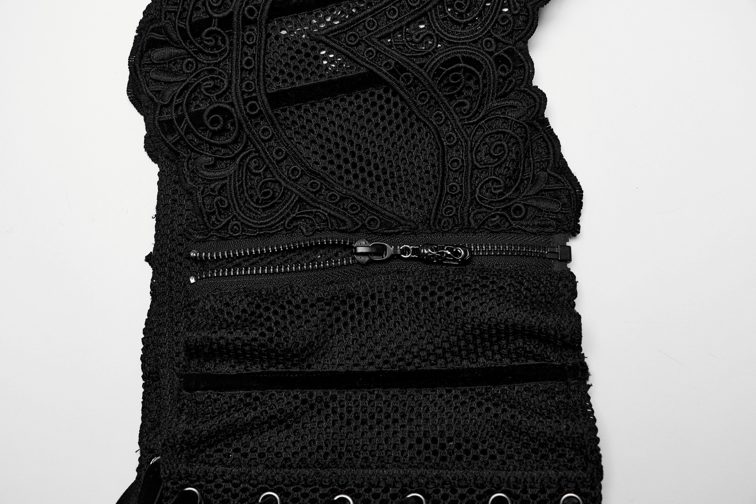 Sophisticated black gothic lace-up mesh corset belt with an edgy design and side zipper for easy wear.
