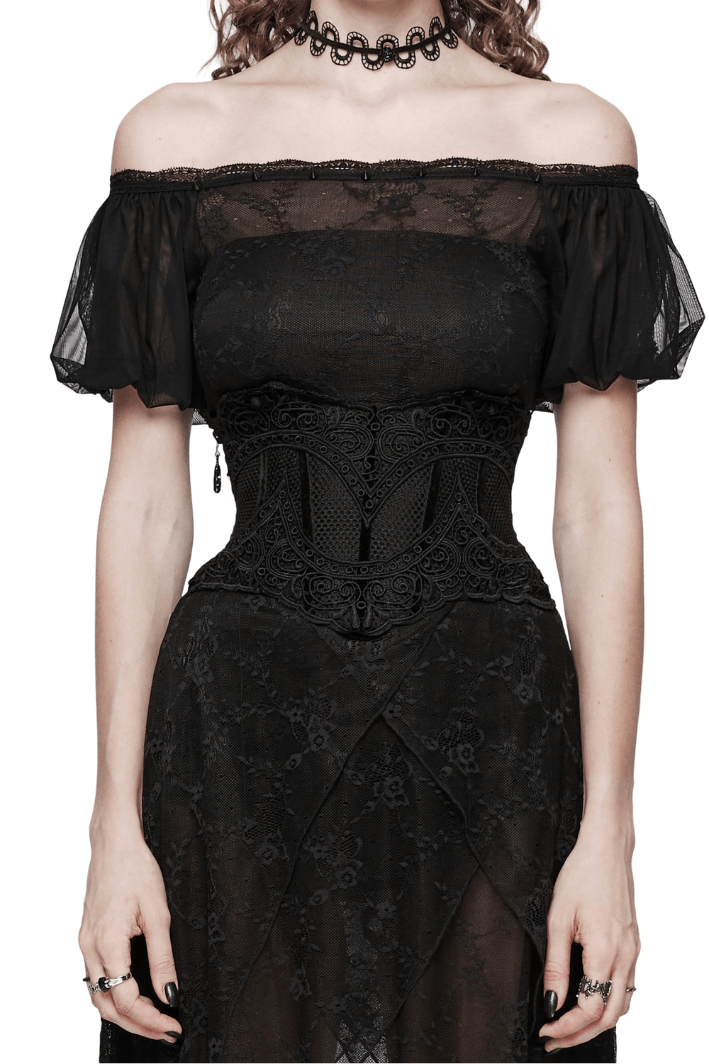 Model wearing a black gothic lace-up mesh corset belt, showcasing edgy elegance and a flattering silhouette.