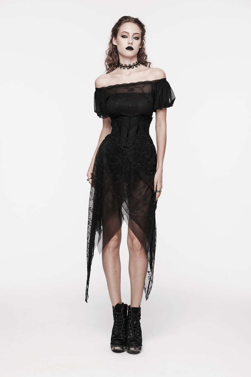 Model wearing a black gothic lace-up mesh corset belt dress, showcasing an edgy yet elegant style.