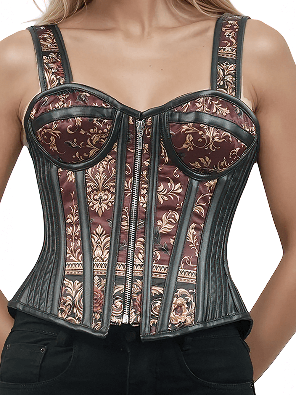 Sophisticated Overbust Corset with Front Zipper Closure featuring brocade design and leather trim in maroon.