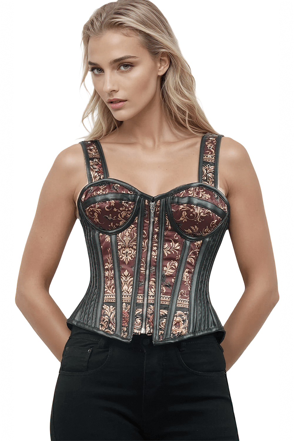 Sophisticated Overbust Corset with Front Zipper Closure featuring rich baroque patterns and sleek faux leather details.