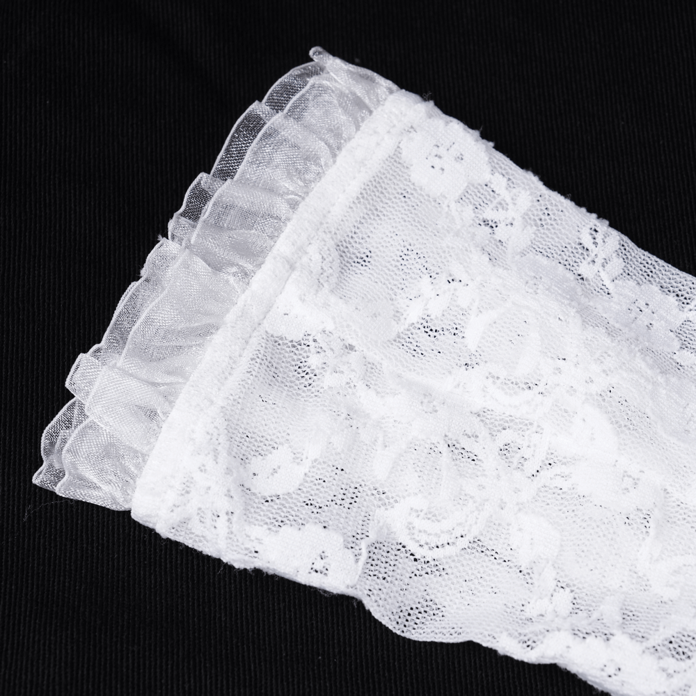 Elegant bridal lace fingerless glove with tulle ruffle, perfect for a chic wedding day accessory.