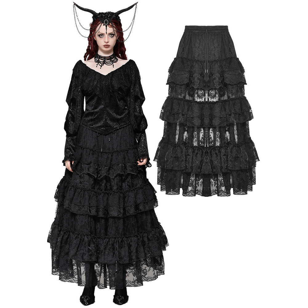 Elegant black lace tiered skirt with ruffle details, perfect for sophisticated outfits and stylish occasions.