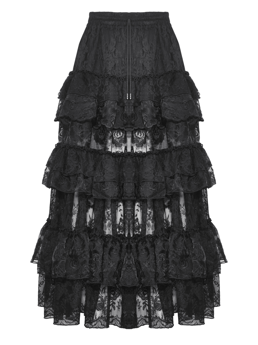 Elegant black lace tiered skirt with ruffle details, perfect for chic casual or formal outfits.