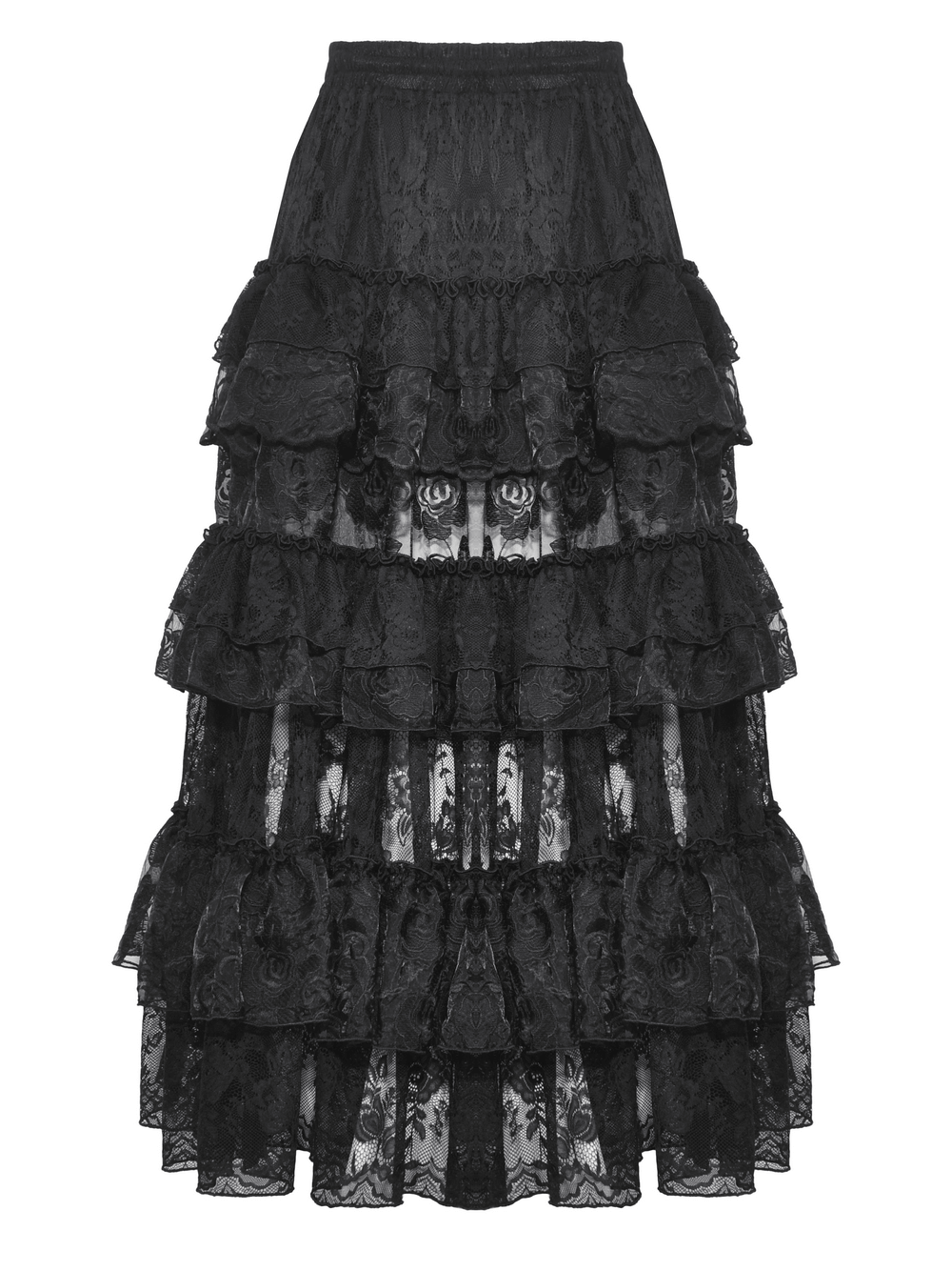 Elegant black lace tiered skirt featuring ruffle details, perfect for sophisticated casual or formal outfits.