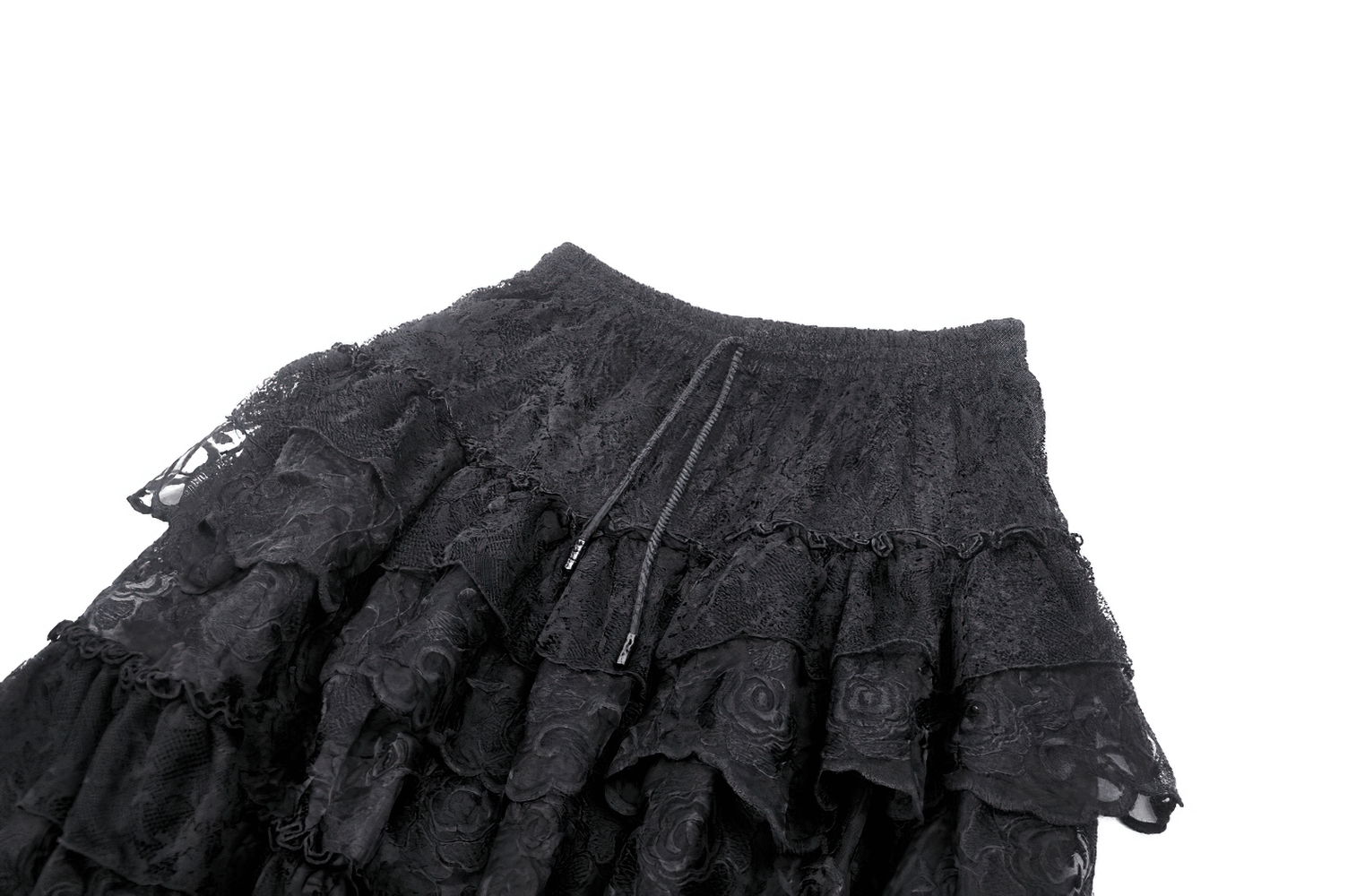 Elegant black lace tiered skirt with ruffle details and drawstring waist, perfect for any occasion.